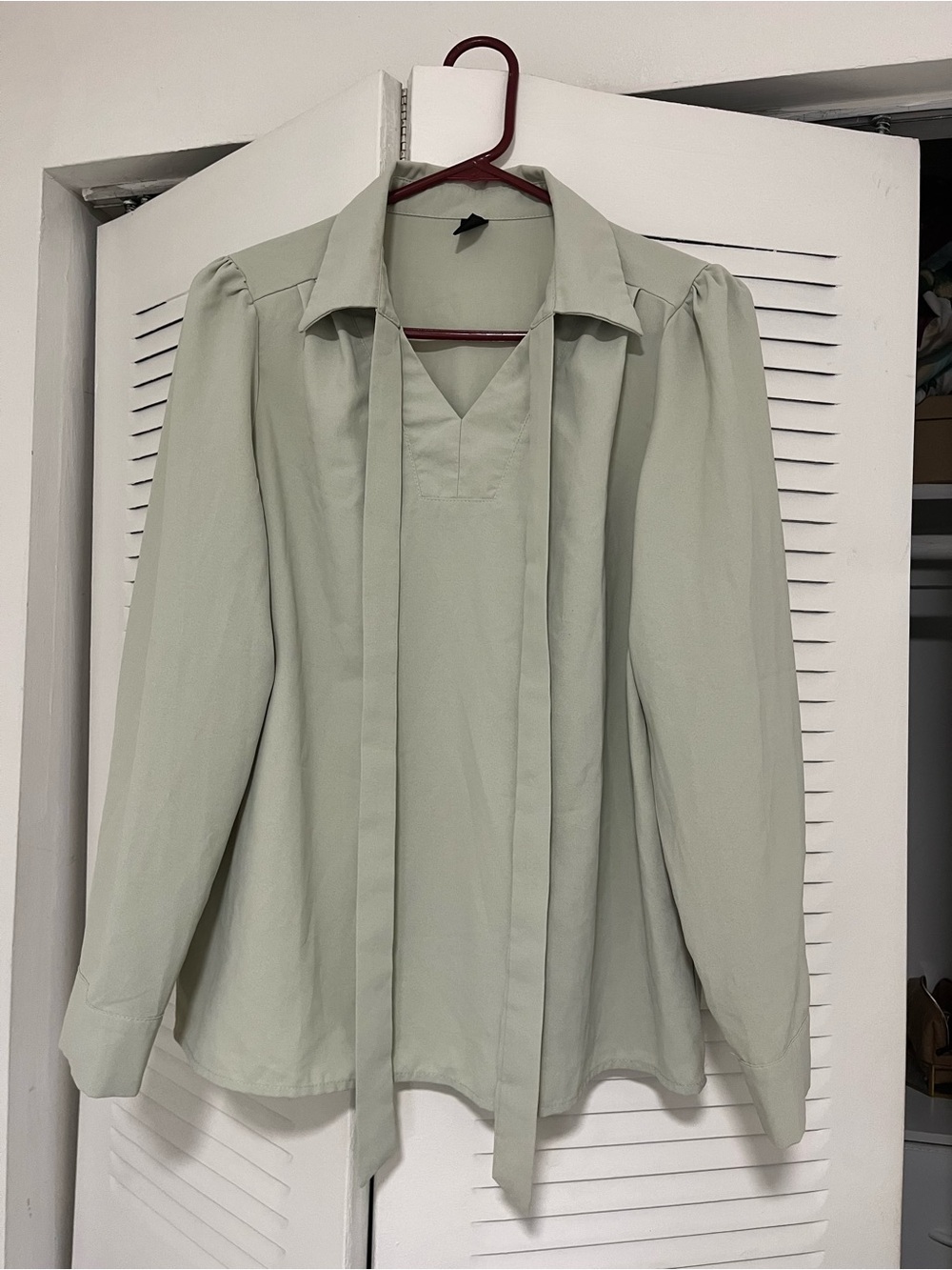 Light Sage Tie-Neck Long Sleeve Blouse